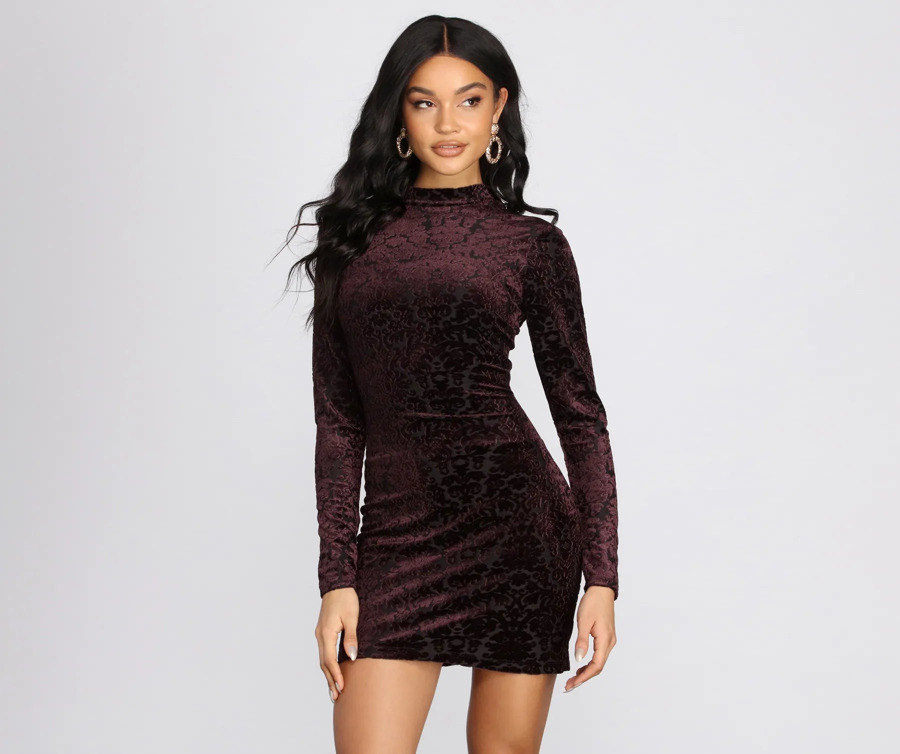 patterned maxi Mimi dresses for a bold statementFlocked Velvet Mock Neck Mini Dress