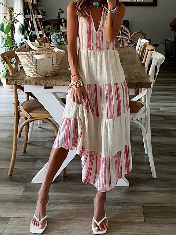 midi dresses with frillsStylish Striped Printed Charming V-Neck Sleeveless Midi Dress