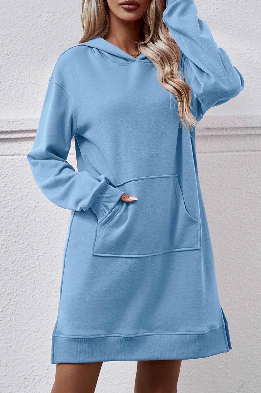 midi dresses in pastel colorsPocket Slit Midi Hoodie Dress