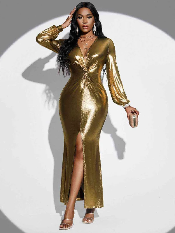 midi dresses for winterPlunge Twisted Slit Sexy Gold Long Sleeve Bodycon Midi Gold Dress