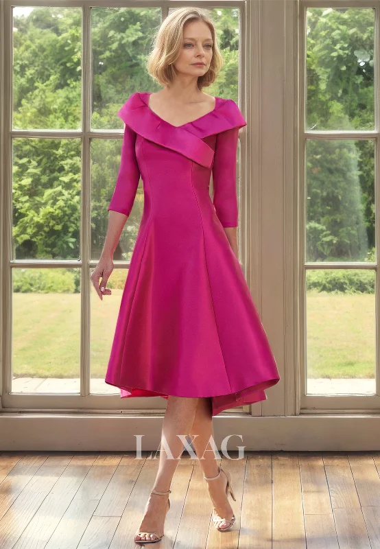 midi dresses for autumnHalf-Sleeves Scoop-Neck Satin Mother of the Bride Dress Pleated Satin Midi A-Line Cocktail Gowns