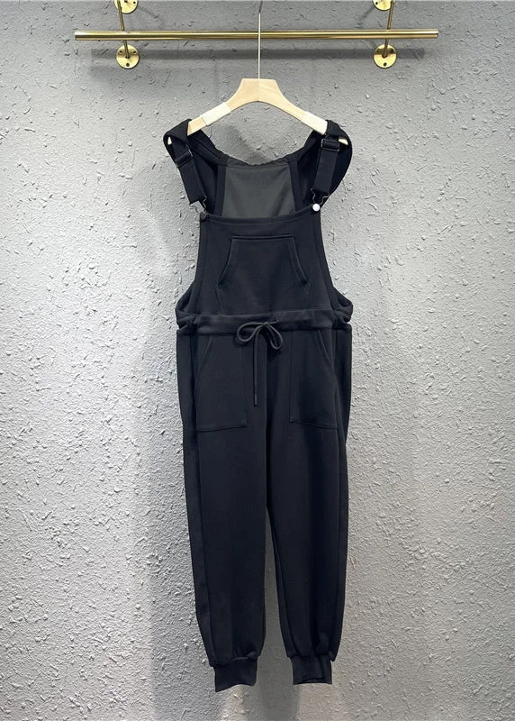 women's jumpsuits with spaghetti strapsWomen Black Pockets Drawstring Patchwork Cotton Overalls Jumpsuit Fall