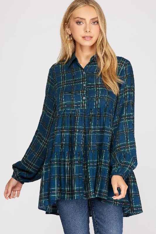 TEAL BLUE PLAID COLLARED LONG SLEEVES BUTTON DETAILED TUNIC TOP S8SY1764