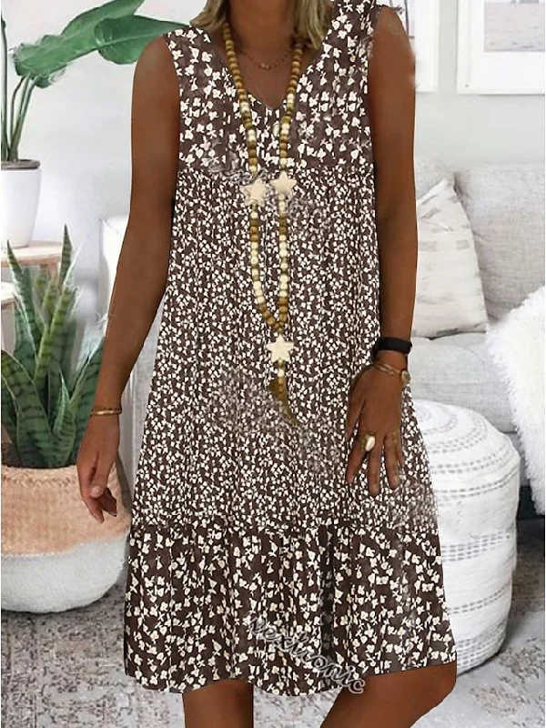 quick-dry midi dressesCityHottie - Women's Casual Dress Shift Dress Midi Dress Brown Sleeveless Floral Print Spring Summer V Neck Basic Daily Weekend 2024 S M L XL XXL 3XL