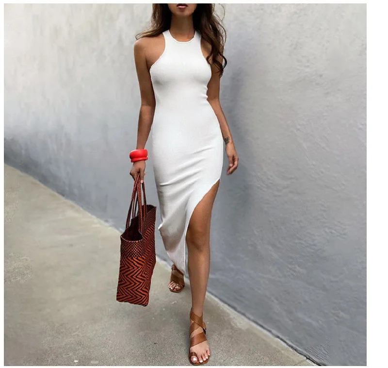 fitted midi dressesSimple And Sexy Charming High-Slit Midi Dress