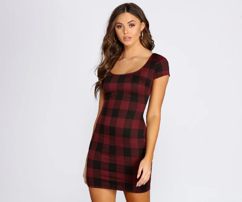 trendy polka dot Mimi dresses for current fashionClad In Plaid Scoop Neck Mini Dress