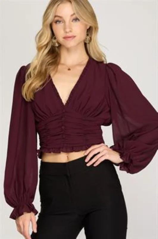 WINE WOVEN LONG SLEEVES RUCHED CROP TOP S8SS8578