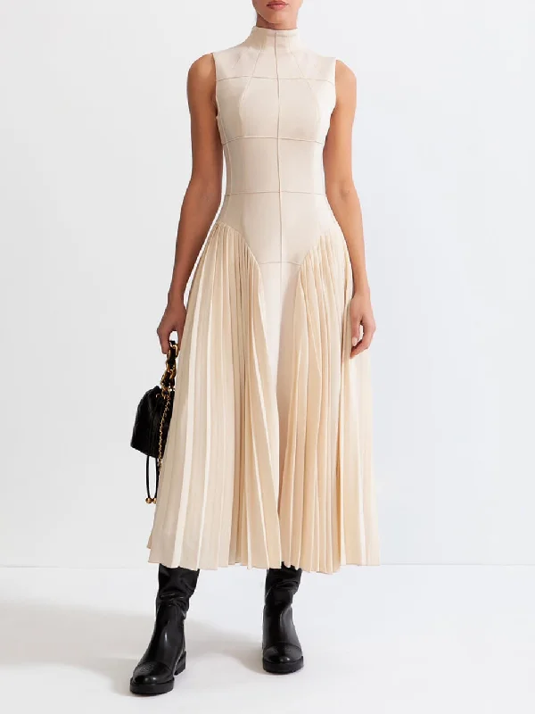 mini midi dressesUnique Pleated Paneled Charming Sleeveless Midi Dress