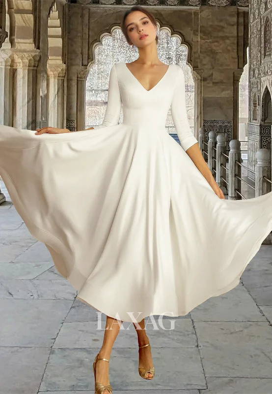 midi dresses for workV-Neck Half-Sleeves A-Line Boho Midi Wedding Dress Pleated Satin Beach Bride Gowns