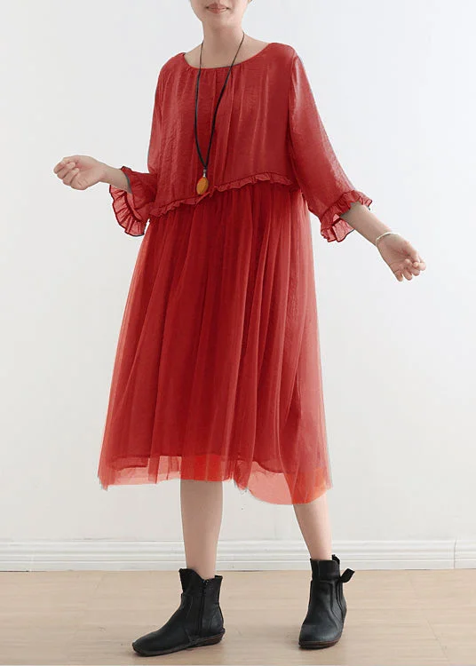 midi dresses for summerElegant Red Tulle Patchwork Midi Summer Dress 2023 New