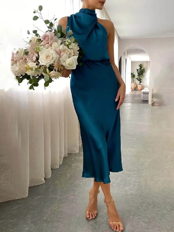 midi dresses for autumnUnique Bridesmaid Sleeveless Charming High Neck Midi Dresses