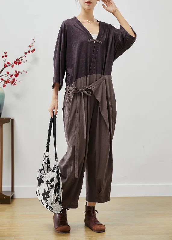 women's jumpsuits with high necksVintage Colorblock Chinese Button Patchwork Lace Up Linen Jumpsuits Fall