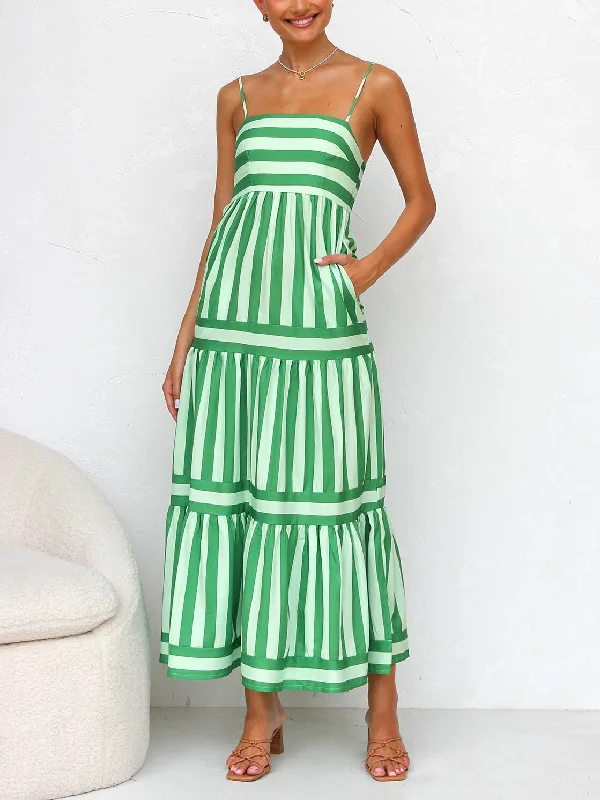 high-low midi dressesSuspender Open Back Striped Graceful Positioning Print Pocket Midi Dress