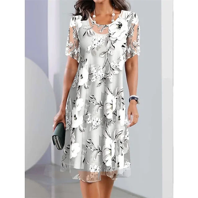 boho midi dressesCityHottie - Women's Casual Dress Chiffon Dress Summer Dress Floral Print Crew Neck Midi Dress Fashion Streetwear Outdoor Daily Short Sleeve Regular Fit Gray Summer Spring S M L XL XXL