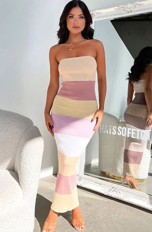 midi dresses for partiesLinda Contrast Colors Strapless Knit Midi Dress