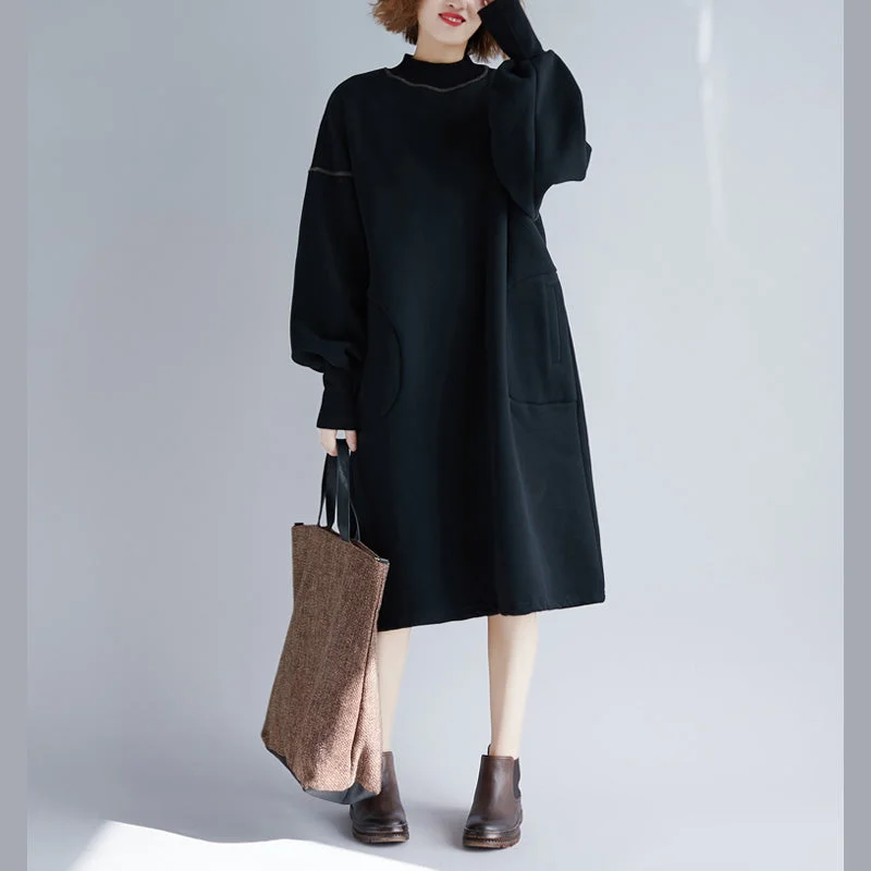 ruffled midi dressesvintage black Midi cotton dresses oversize warm long sleeve thick cotton clothing dresses o neck holiday dresses