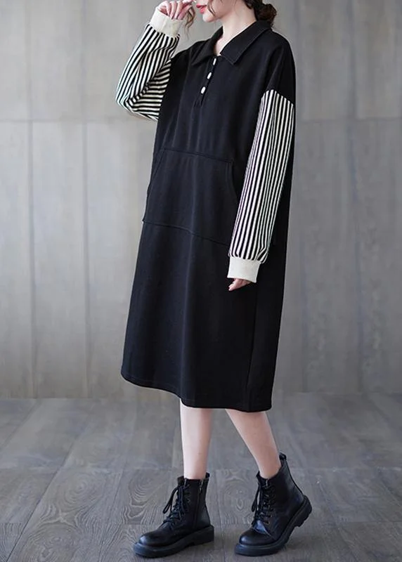 simple yet stylish midi dressesClassy Black Striped Tunic Lapel Patchwork Midi Dress