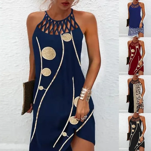 button-down midi dressesCityHottie - Women's Casual Dress Halter Neck Dress Midi Dress Leopard Black Wine Sleeveless Geometric Cut Out Summer Spring Halter Fashion Vacation 2024 S M L XL XXL 3XL