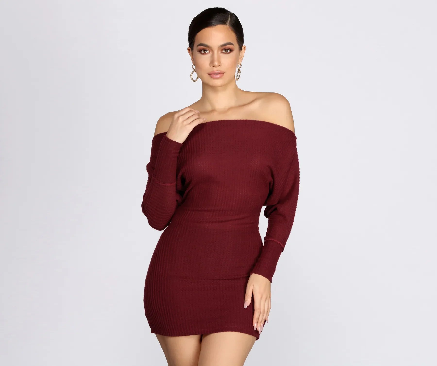 plus-size Mimi dresses in stockOff Shoulder Knit Mini Dress