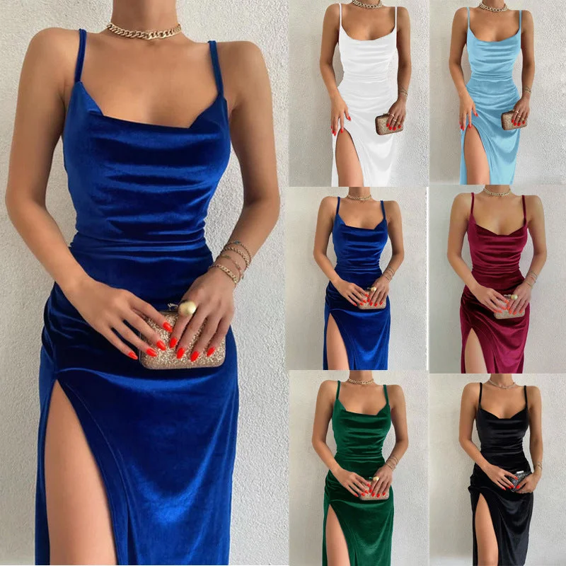 elegant evening midi dressesFestive Cheer Velvet Charming Slit Midi Dress