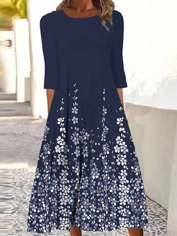 spaghetti strap midi dressesCityHottie - Women's Casual Dress Shift Dress Midi Dress Navy Blue 3/4 Length Sleeve Floral Ruched Summer Spring Crew Neck Basic Vacation Fall Dress Summer Dress 2024 S M L XL XXL 3XL