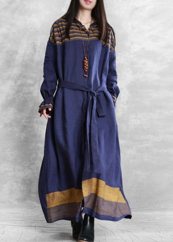 midi dresses for springdiy stand collar tie waist Plus Size tunic coat blue Midi women coats