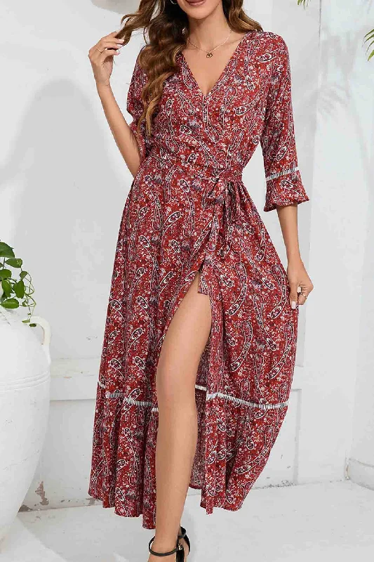 midi ballerina dressesFloral V Neck Slit Midi Dress