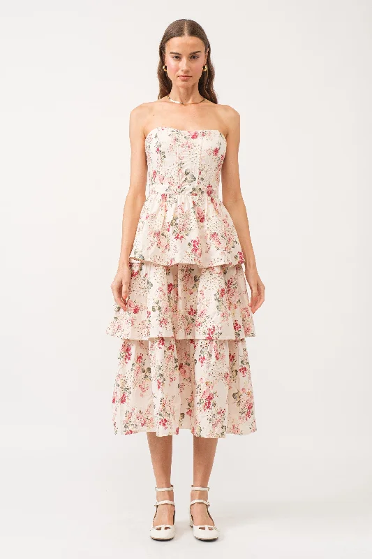 midi dresses with pockets and sleevesFloral Corset Tiered Midi Dress