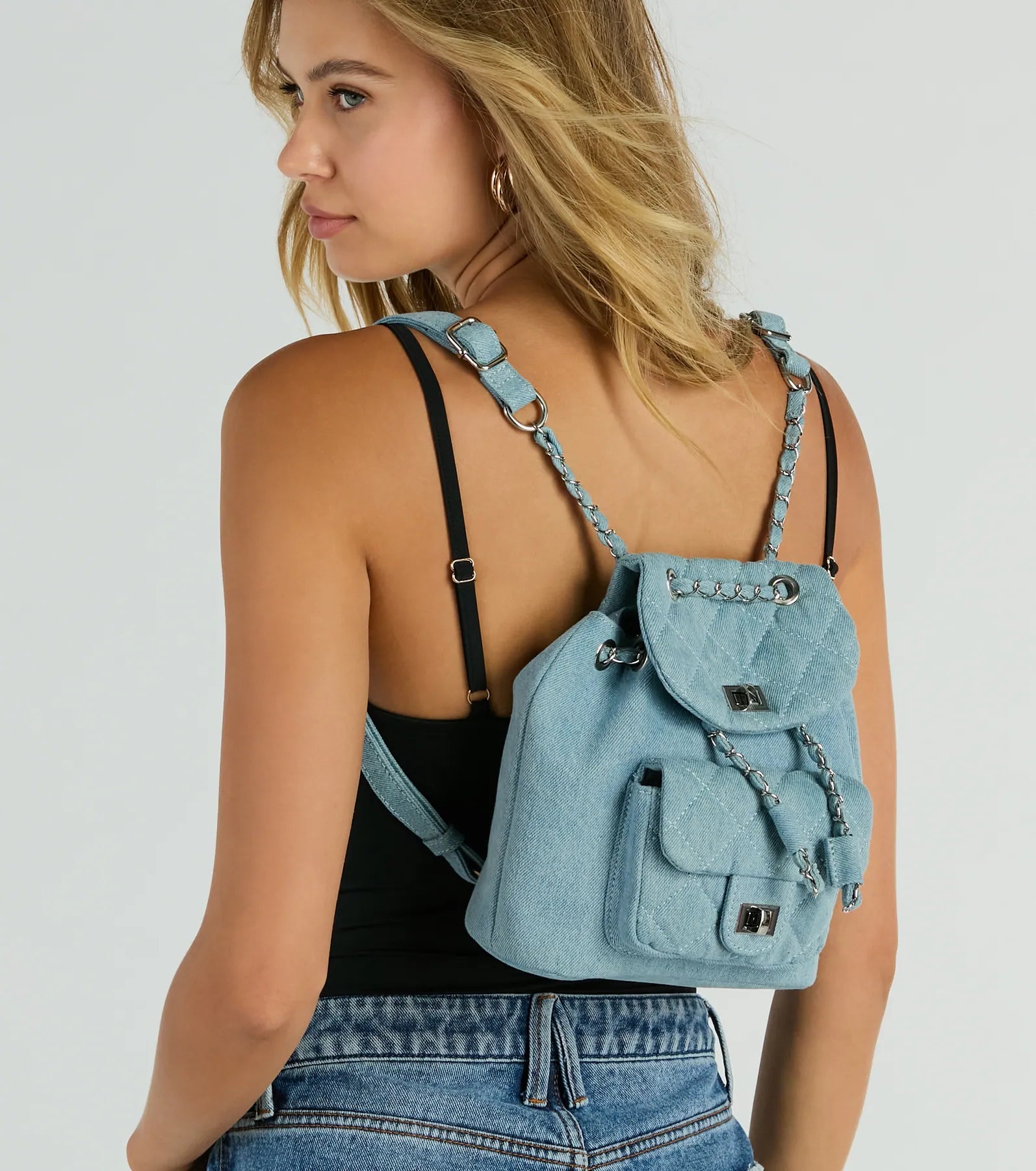 stylish midi Mimi dresses for versatile wearMain One Quilted Denim Mini Backpack