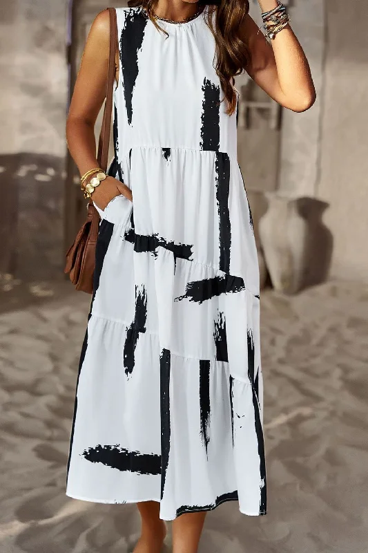 midi dresses made of silkPrinted Sleeveless Midi Dress with Pocket