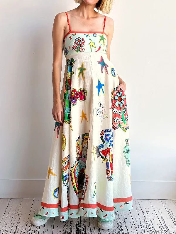 midi fit-and-flare dressesUnique Graffiti Print Suspenders Graceful Long Swing Midi Dress