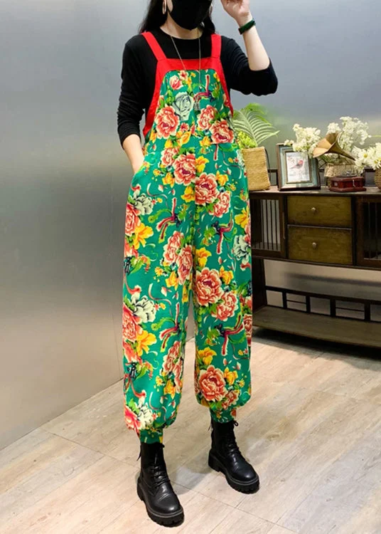 women's jumpsuits with off-the-shoulder necksNew Green Print Patchwork Cotton Jumpsuit Sleeveless