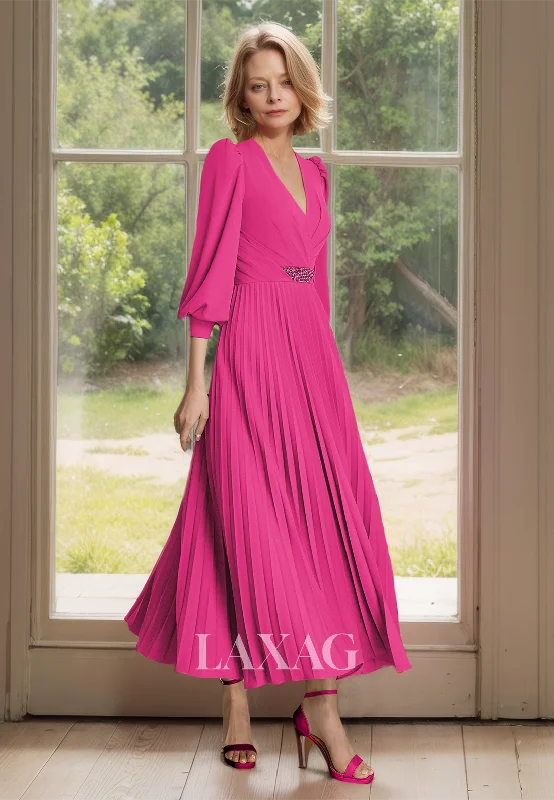 midi shift dressesV-Neck Long-Sleeves A-Line Mother of the Bride Dress Beaded Pleated Chiffon Midi Cocktail Gowns