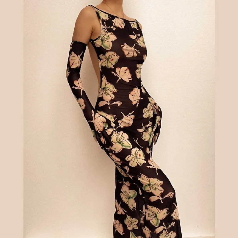 midi dresses for special occasionsSheer mesh sleeveless gloves backless flower pattern midi dress