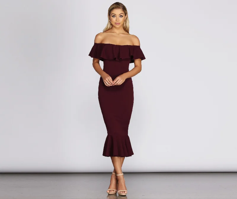 midi dresses in solid colorsReady And Stylish Ruffled Midi Dress