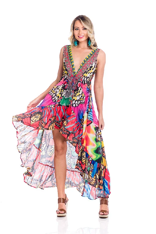 women's flowy dressesButterfly multicolor high low dress