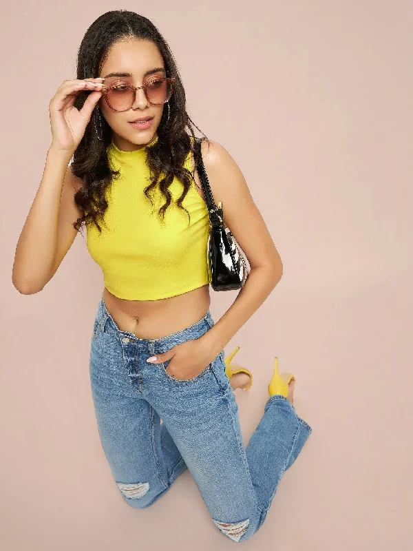 women's tops with built-in brasCotton Stretchable High Neck Crop Top