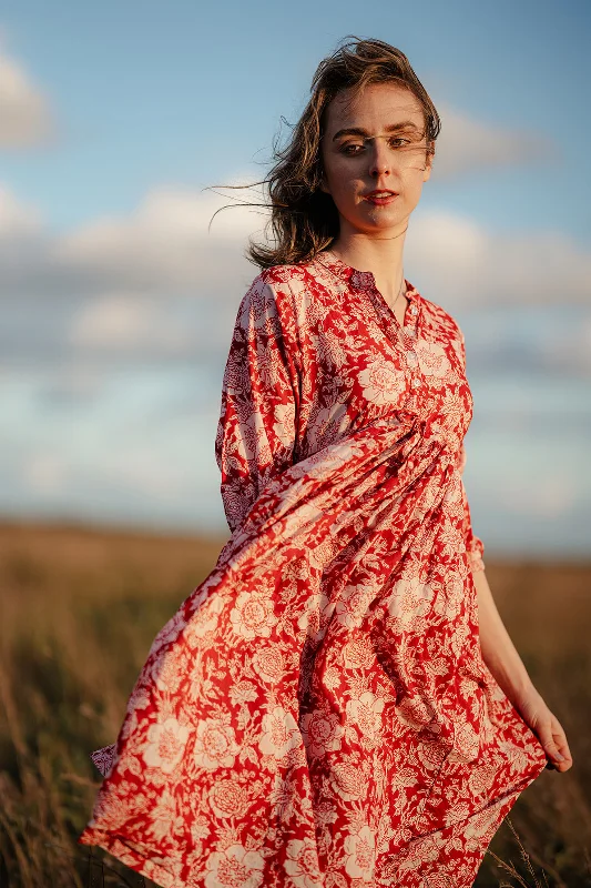 women's curve-hugging dressesHandblock Print Dress - Red Floral Cotton Dress