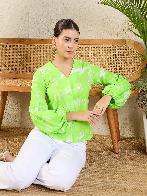 women's tops for those who love to shop for unique findsPrinted Cotton Shirt with Balloon Sleeves