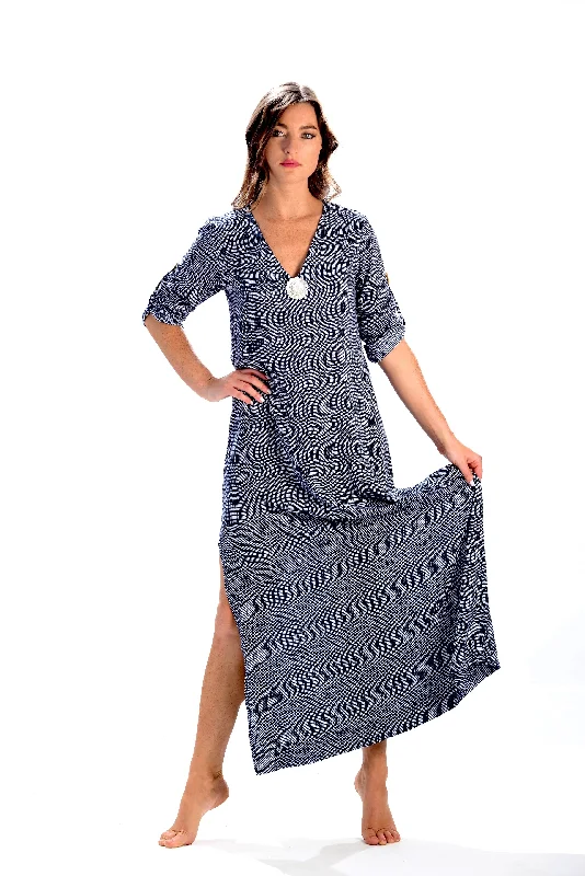 women's hourglass figure dressesSeychelles Dress-Kaftan White Flower Shell / Deep Indigo