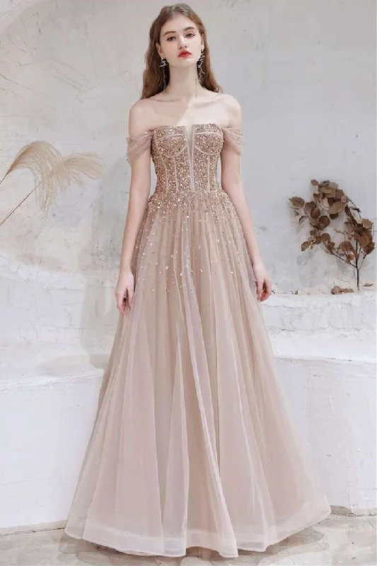 prom dress inspiration galleriesA-Line Champagne Tulle Off-the-Shoulder Prom Dress with Sequins