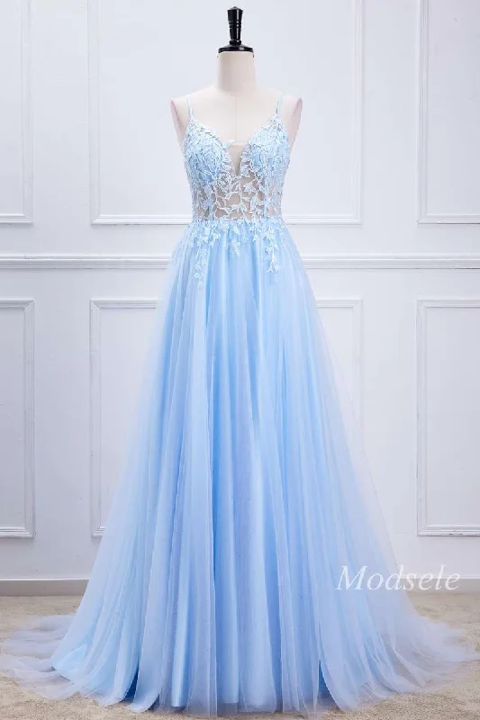 lace prom dressesA-Line Light Blue Appliques Sheer Bodice Long Prom Dress