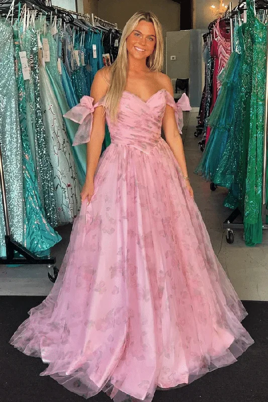 prom dress try-on ideasA-Line Pink Printing Off-Shoulder Tulle Long Prom Formal Dress