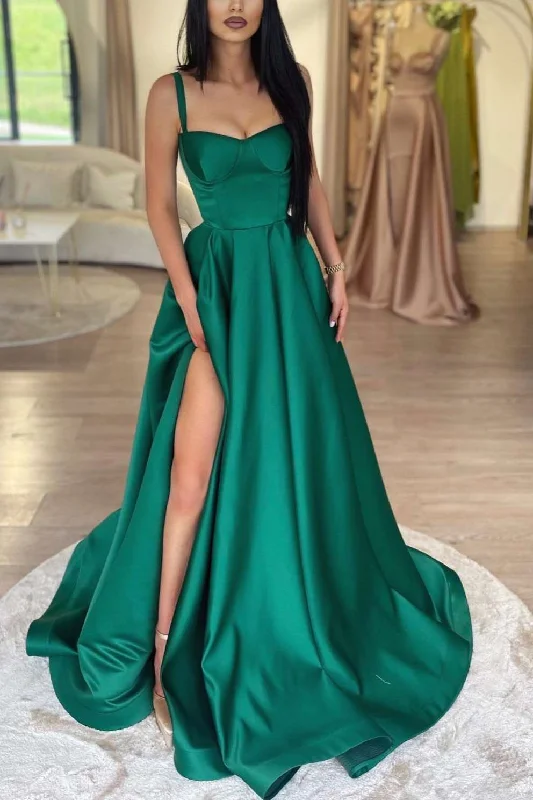 prom dresses for winterA-Line Spaghetti Straps Empire-Waist Satin Pleated Long Prom Dress with Slit