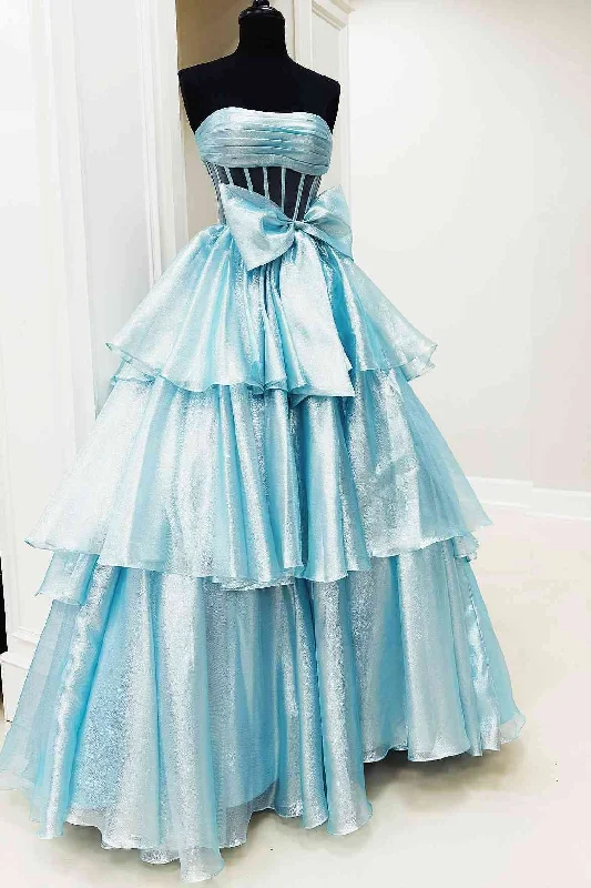 prom dress alterationsA-Line Strapless Empire-Waist Tiered Sleeveless Long Prom Dress with Bow