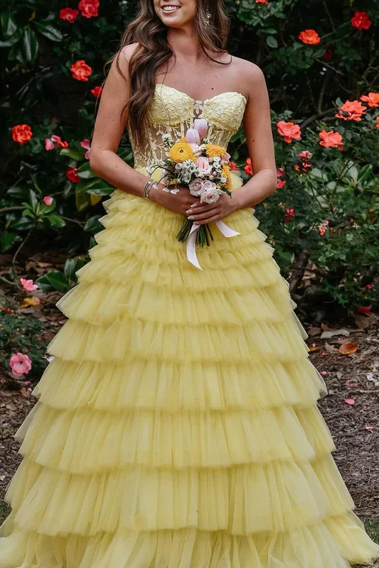 prom dress preservationA-Line Strapless Ruffles Yellow Tulle Tiered Sleeveless Long Prom Dress