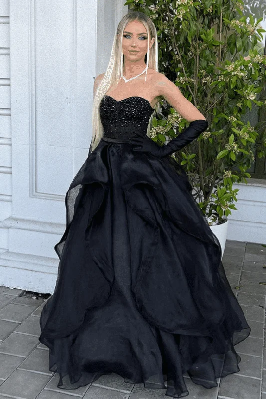 prom dresses for hourglass figuresA-Line Strapless Sweetheart Ruched Black Long Prom Formal Dress