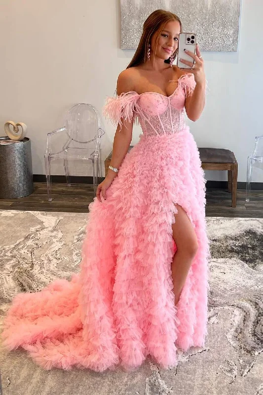 prom dresses with illusion panelsA-Line Sweet Pink Off-the-Shoulder Bustier Feather Prom Gown