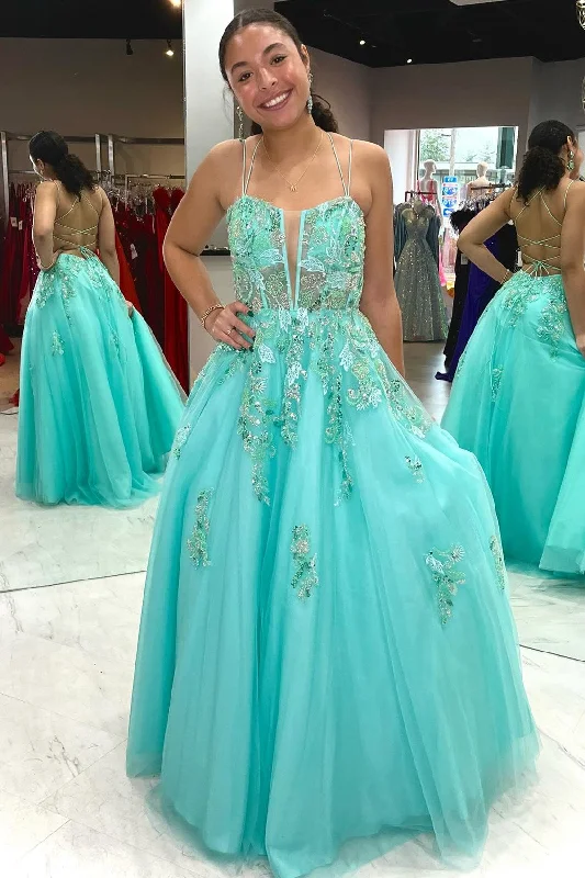 sweetheart neckline prom dressesAqua Blue Lace-Up Tulle Prom Dress with Appliques