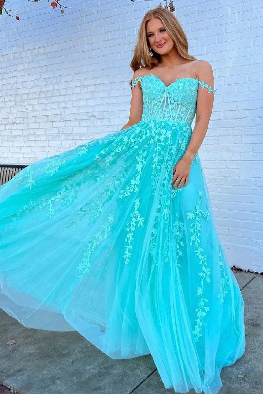 chiffon prom dressesAqua Floral Lace Sweetheart A-Line Prom Dress